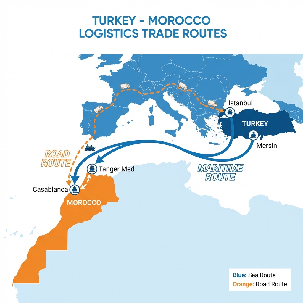 Carte logistique Turquie Maroc Maritime Routier